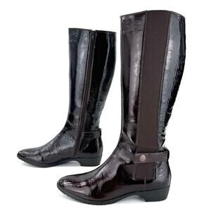 Sofft Brown Knee High Tall Boot Size 7M Patent Leather Low Heel Comfort Casual
